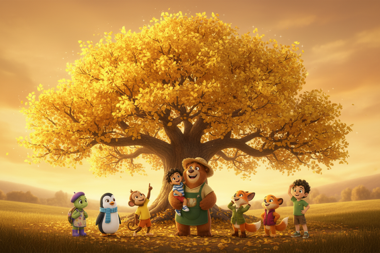 The whole gang under the golden Kindness Tree